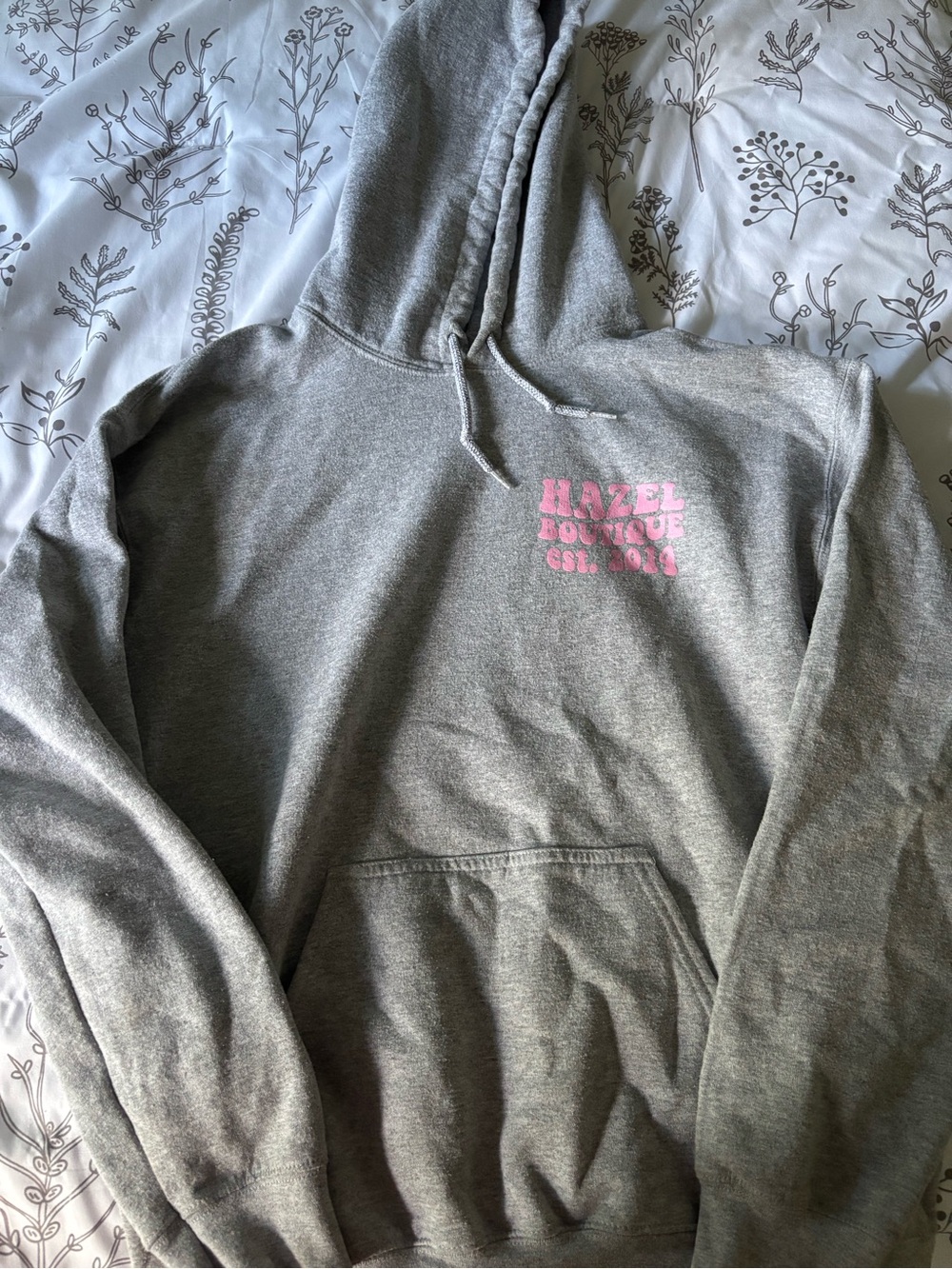 Hazel Boutique Gray Hooded Sweatshirt with Pink Logo